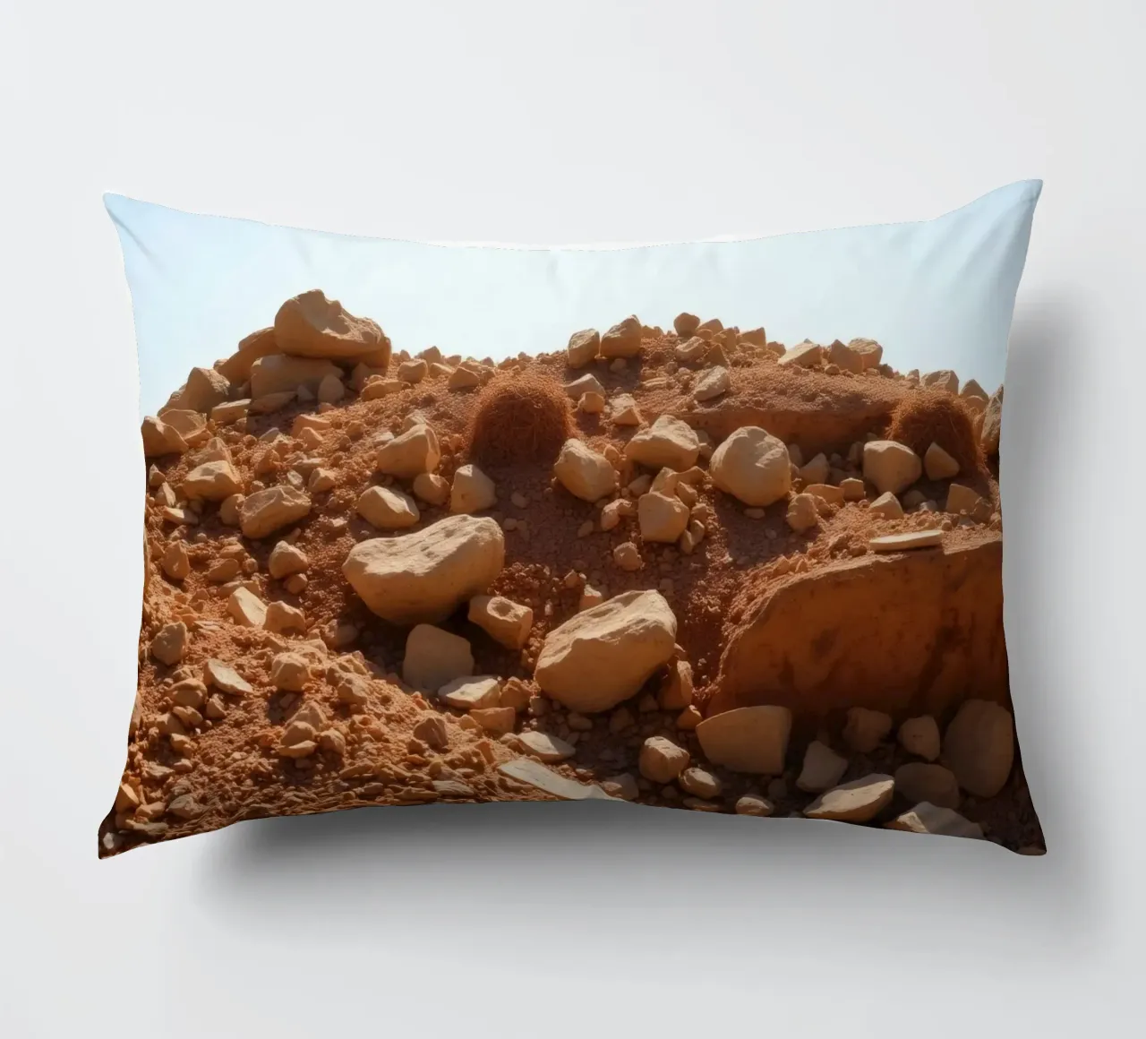 Paesaggio desertico con terreno roccioso sotto un cielo terso cuscino da DesignDoodle