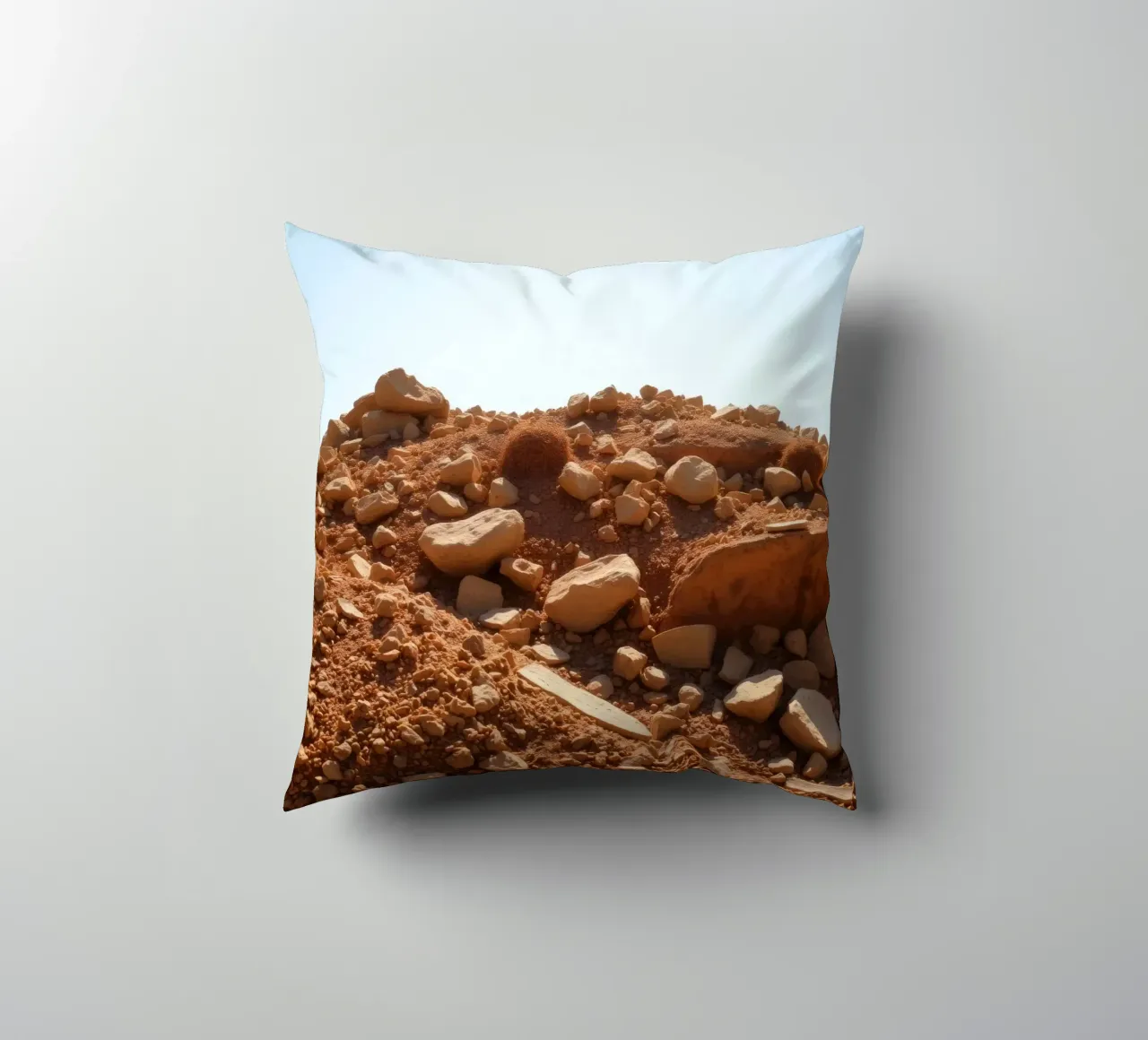 Paesaggio desertico con terreno roccioso sotto un cielo terso cuscino da DesignDoodle