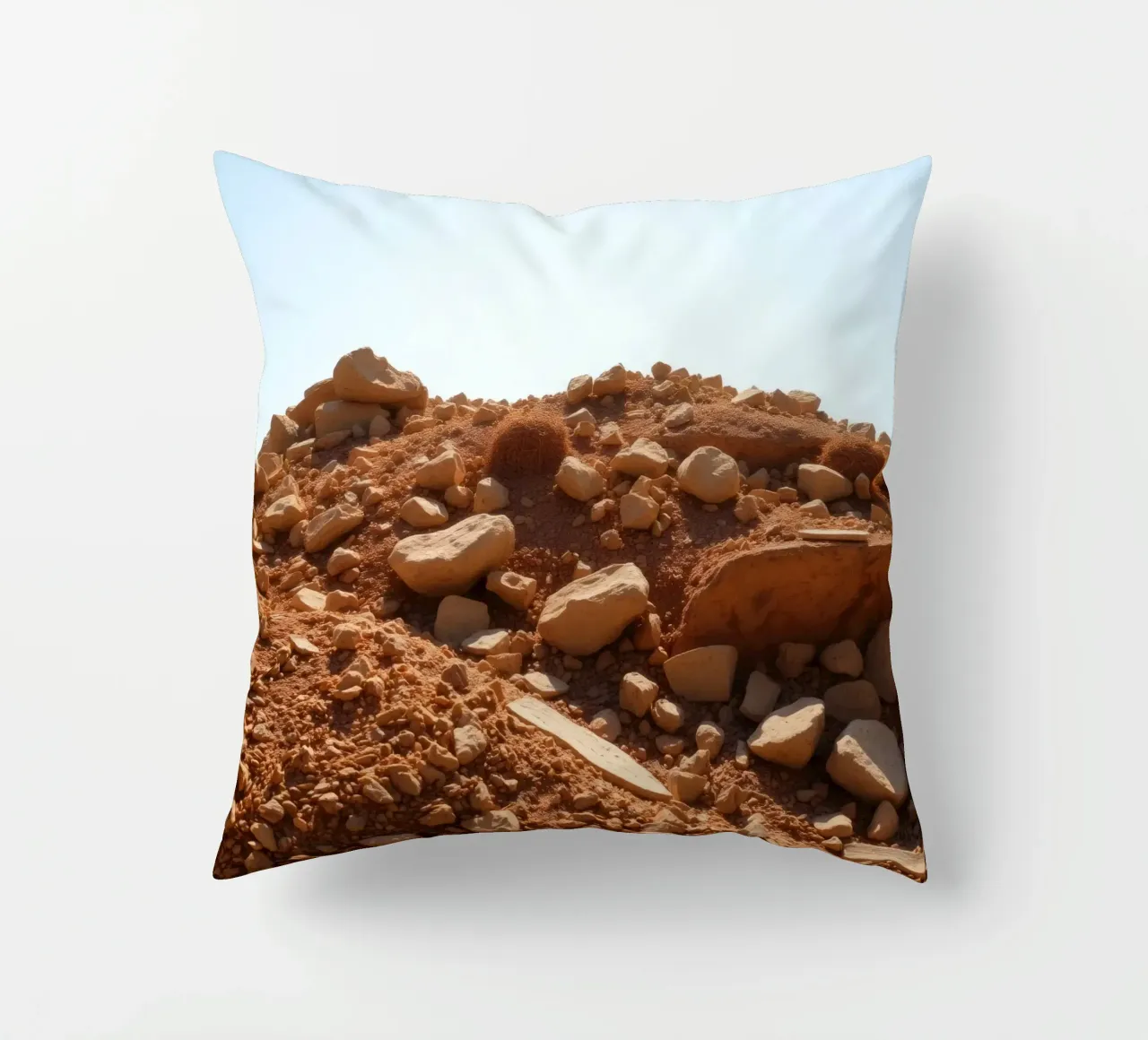 Paesaggio desertico con terreno roccioso sotto un cielo terso cuscino da DesignDoodle