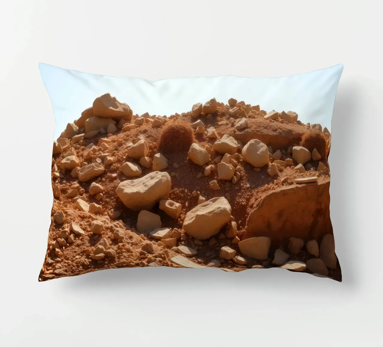 Paesaggio desertico con terreno roccioso sotto un cielo terso cuscino da DesignDoodle