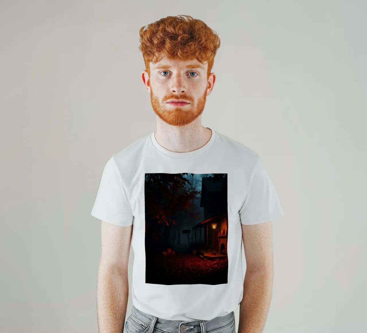 serata in una vecchia baita circondata da nebbia e foglie d'autunno t-shirt da DesignDoodle