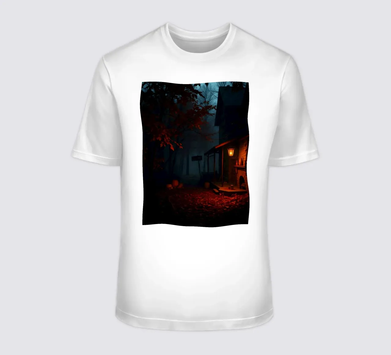 serata in una vecchia baita circondata da nebbia e foglie d'autunno t-shirt da DesignDoodle