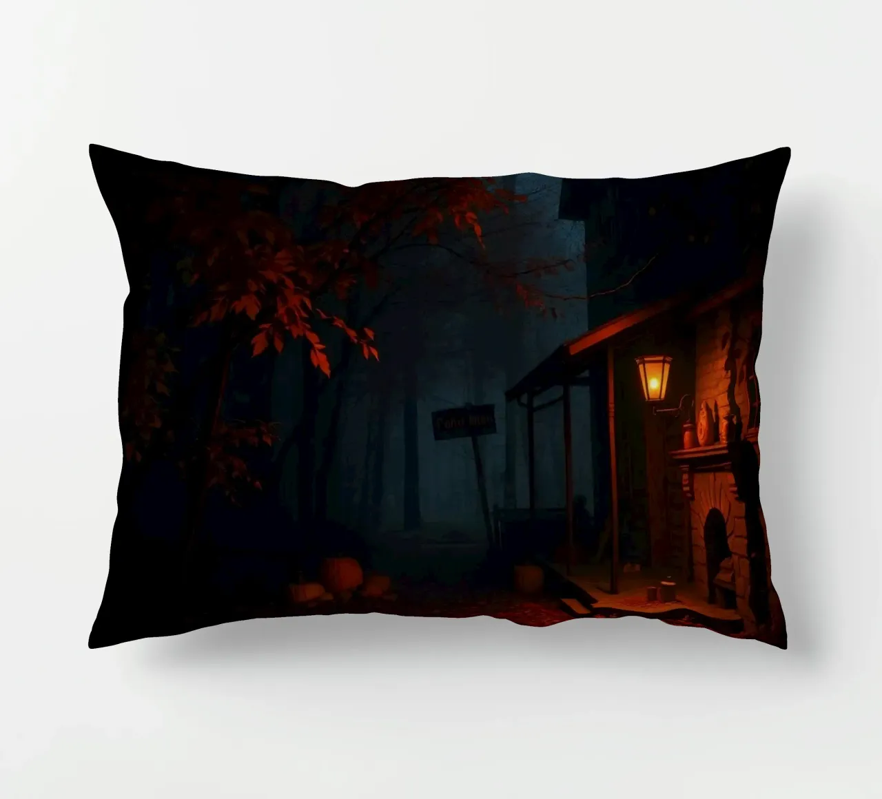 serata in una vecchia baita circondata da nebbia e foglie d'autunno cuscino da DesignDoodle