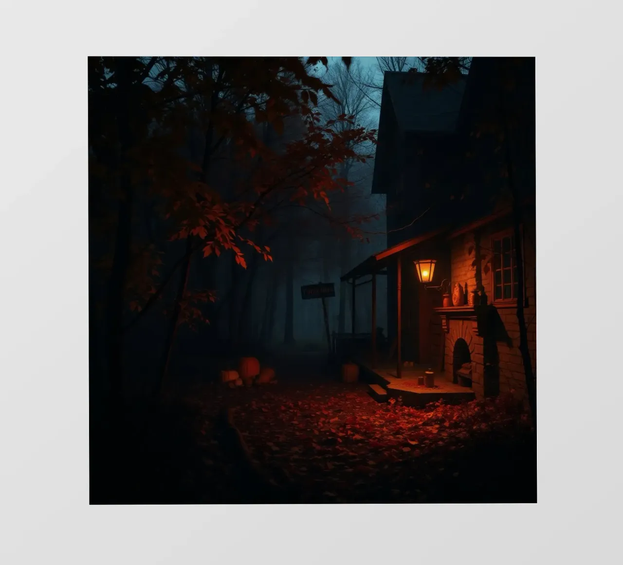 serata in una vecchia baita circondata da nebbia e foglie d'autunno pellicola backlit da DesignDoodle