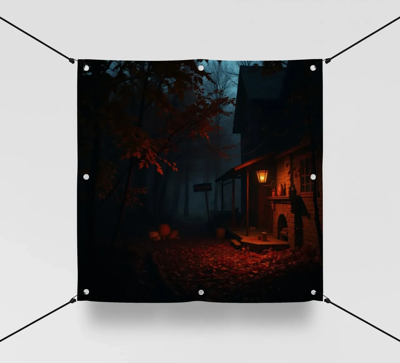 serata in una vecchia baita circondata da nebbia e foglie d'autunno telo in pvc da DesignDoodle