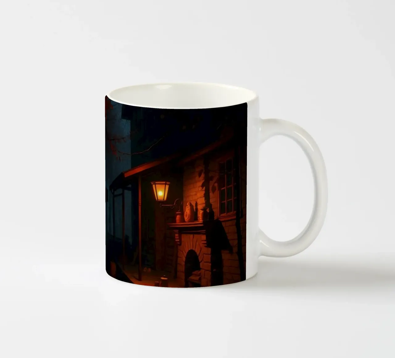 serata in una vecchia baita circondata da nebbia e foglie d'autunno tazza in ceramica da DesignDoodle