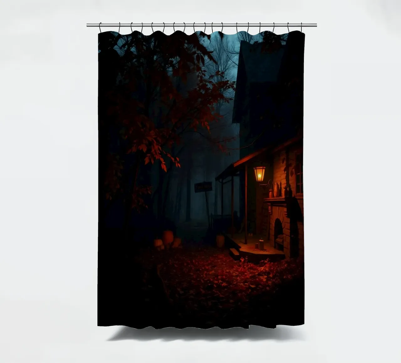 serata in una vecchia baita circondata da nebbia e foglie d'autunno tenda da doccia da DesignDoodle