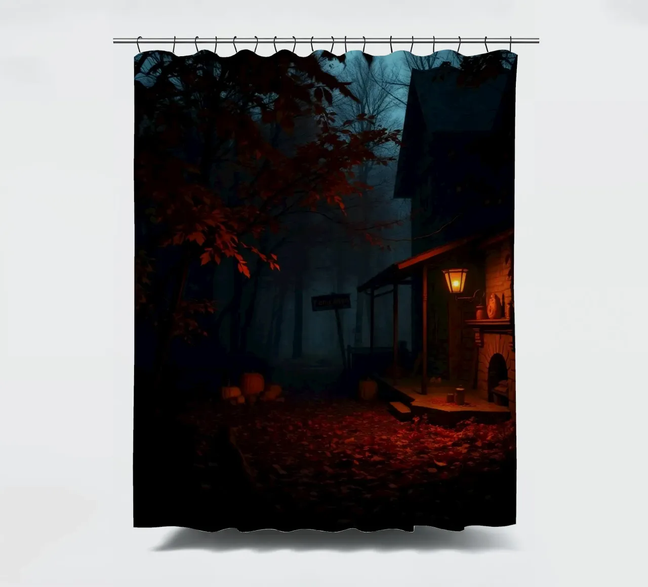 serata in una vecchia baita circondata da nebbia e foglie d'autunno tenda da doccia da DesignDoodle