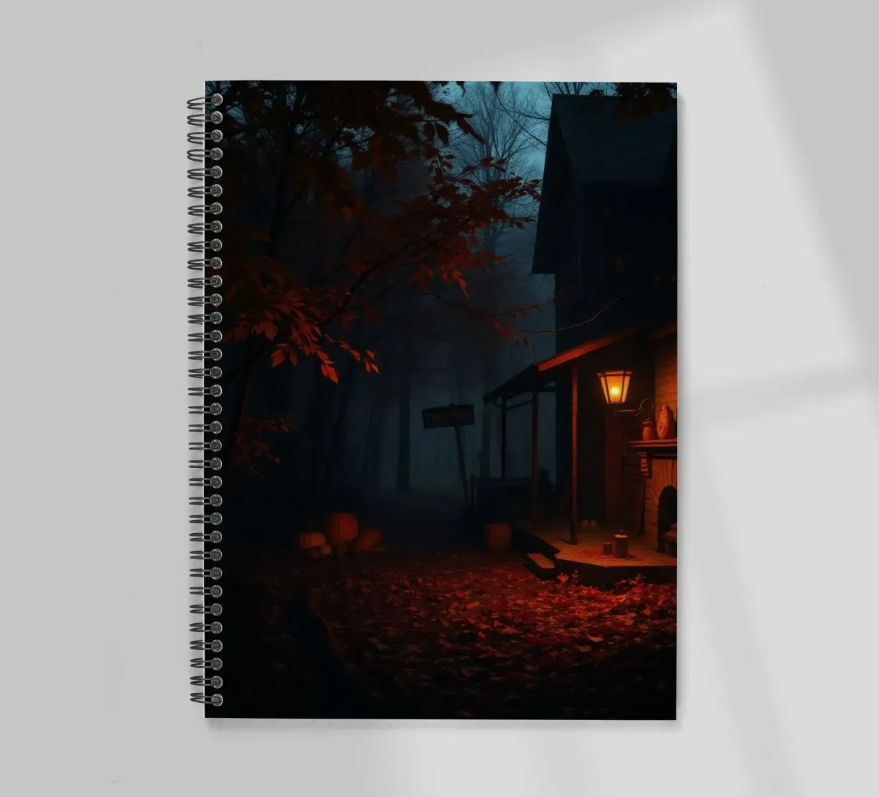 evening at an old cabin surrounded by fog and autumn leaves spiral notebook by DesignDoodle