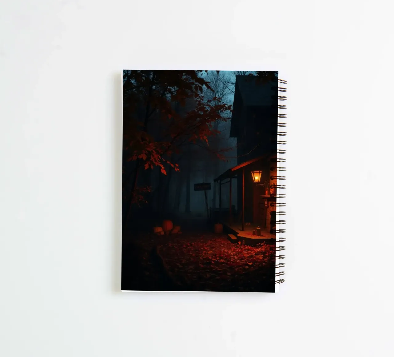 evening at an old cabin surrounded by fog and autumn leaves spiral notebook by DesignDoodle