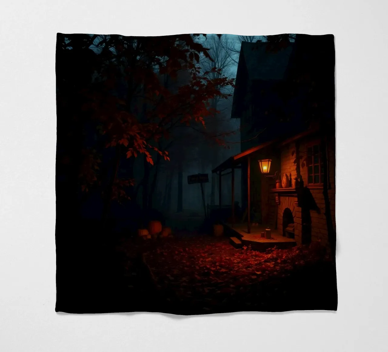 serata in una vecchia baita circondata da nebbia e foglie d'autunno coperta in pile da DesignDoodle