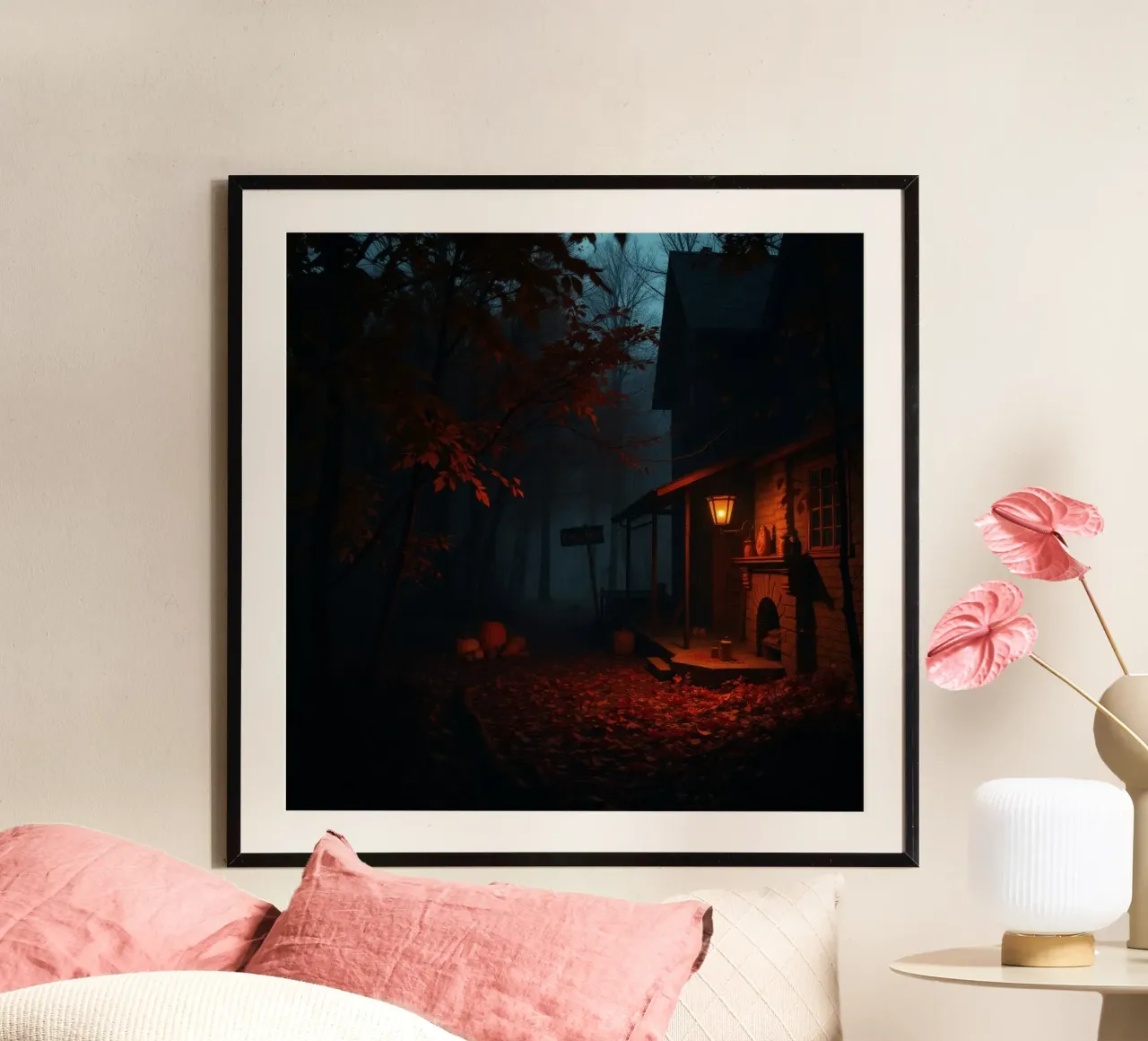 serata in una vecchia baita circondata da nebbia e foglie d'autunno poster con telaio in legno da DesignDoodle