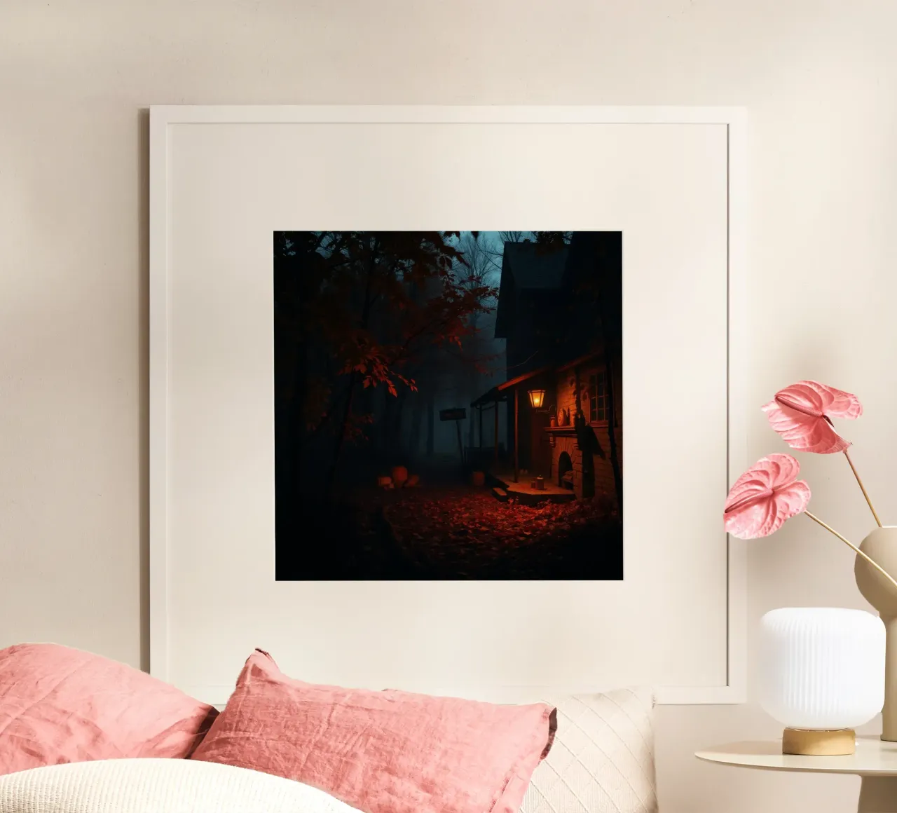 serata in una vecchia baita circondata da nebbia e foglie d'autunno poster con telaio in legno da DesignDoodle