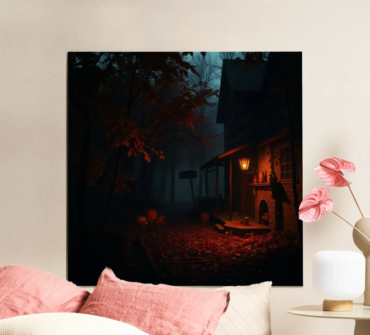 serata in una vecchia baita circondata da nebbia e foglie d'autunno poster con telaio in legno da DesignDoodle