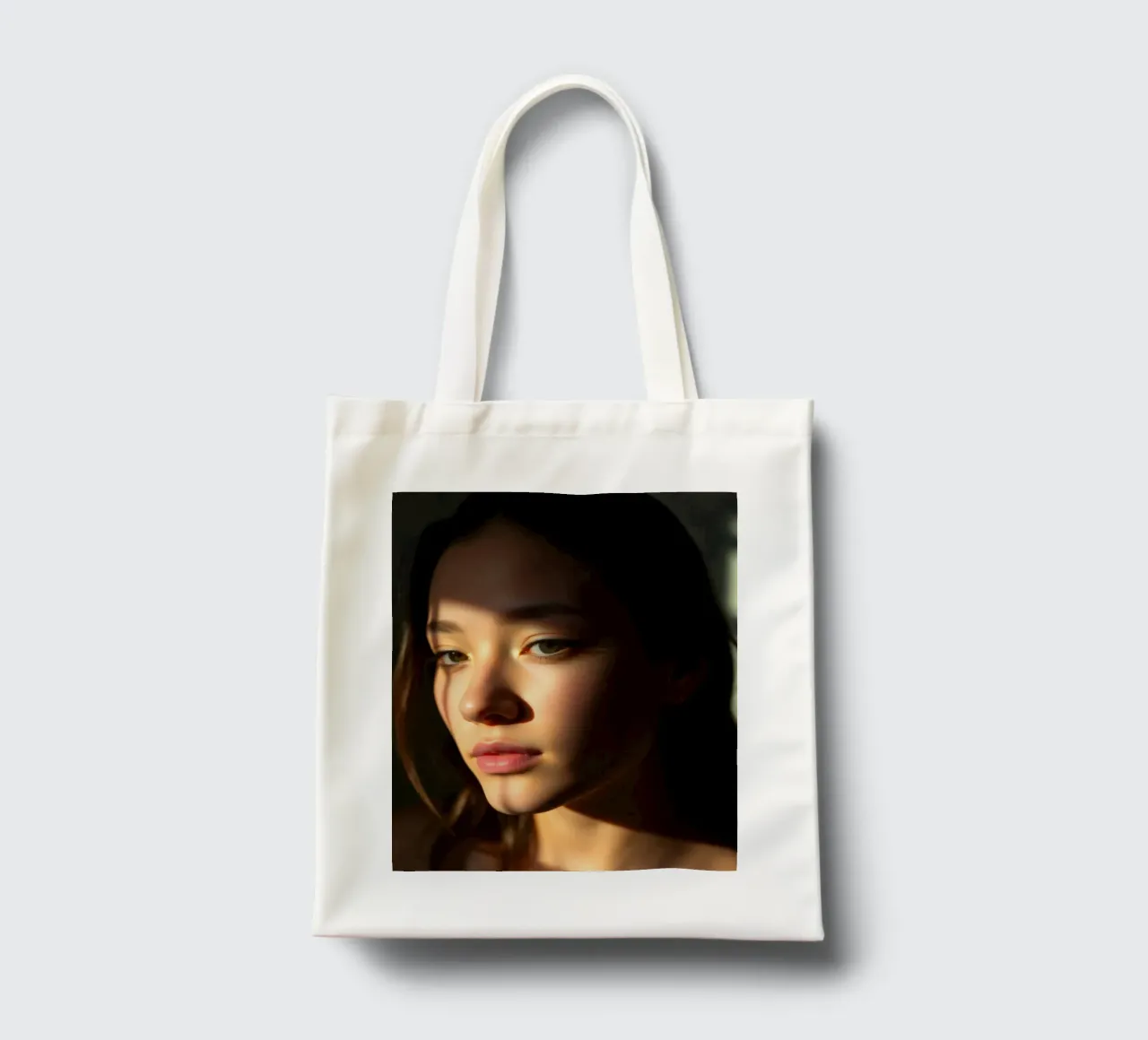 Giovane donna con bellezza naturale e luce soffusa borsa in juta da DesignDoodle