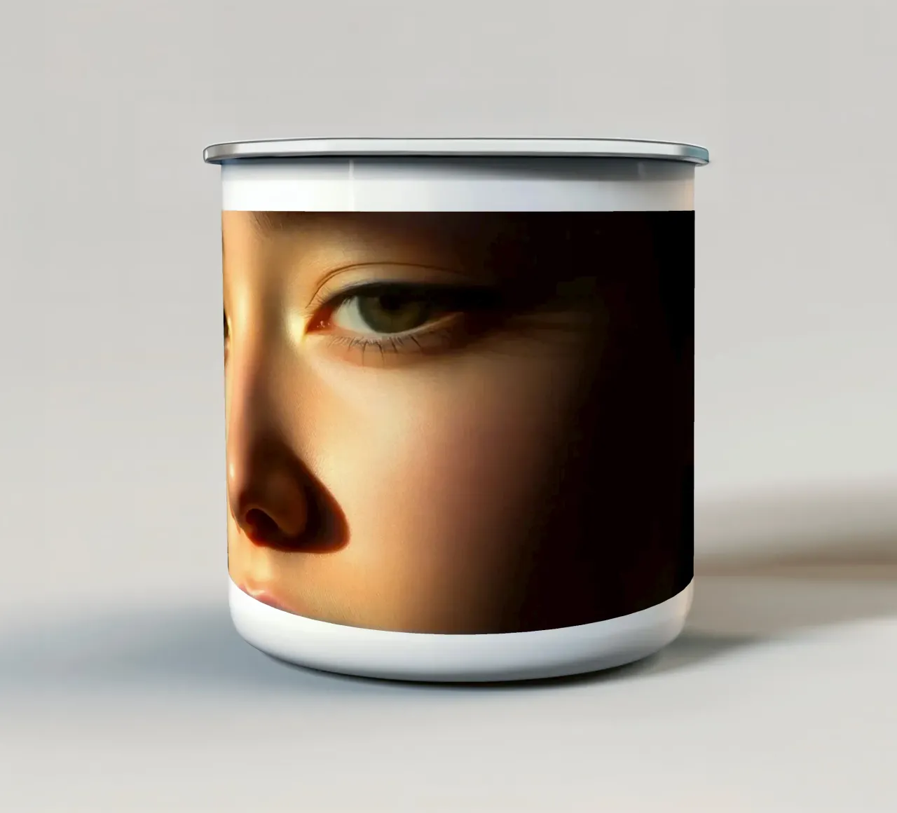 Giovane donna con bellezza naturale e luce soffusa tazza in smalto da DesignDoodle