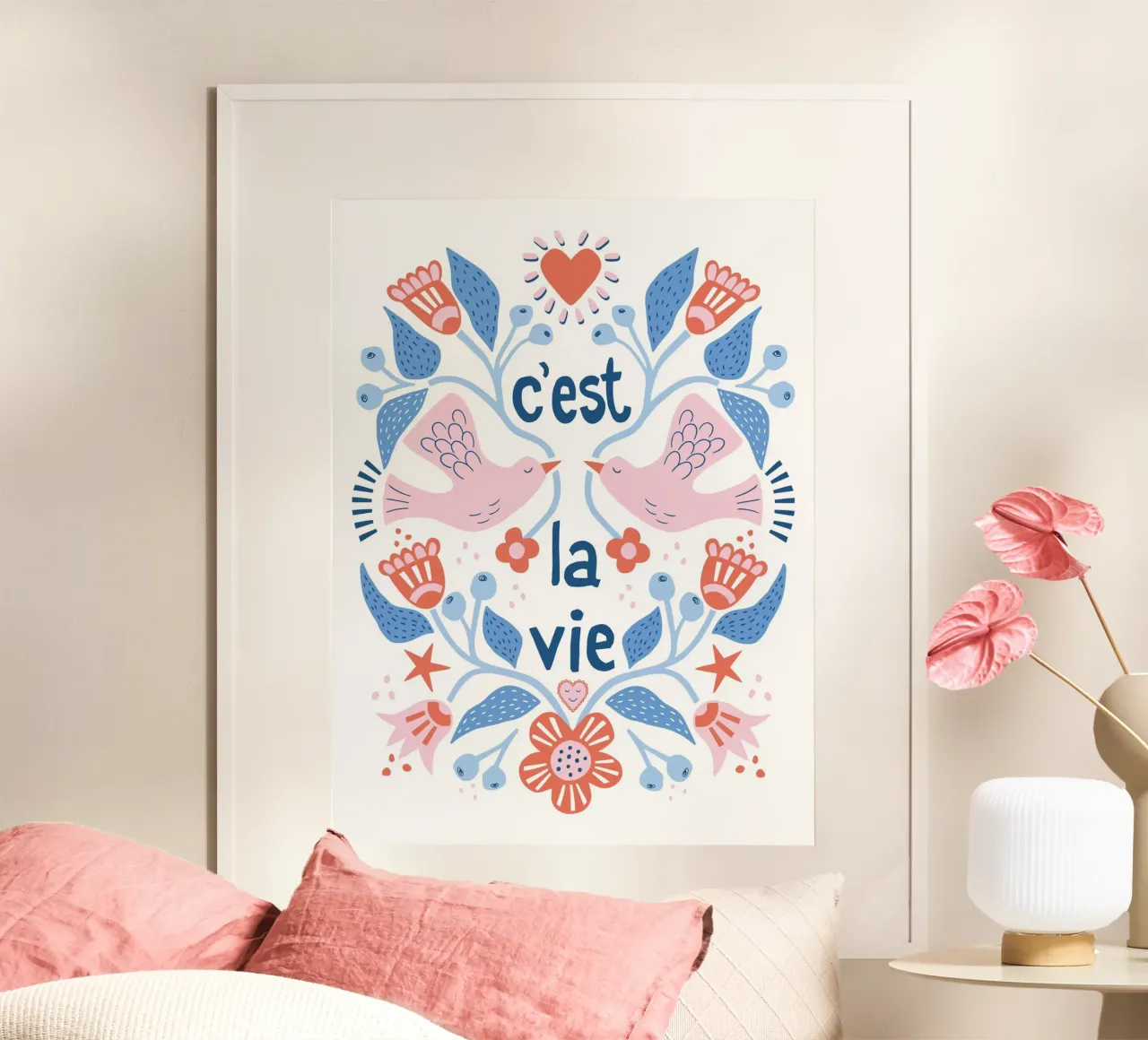 Cest la vie - papercut style birds and flowers poster con telaio in legno da Vivdesign