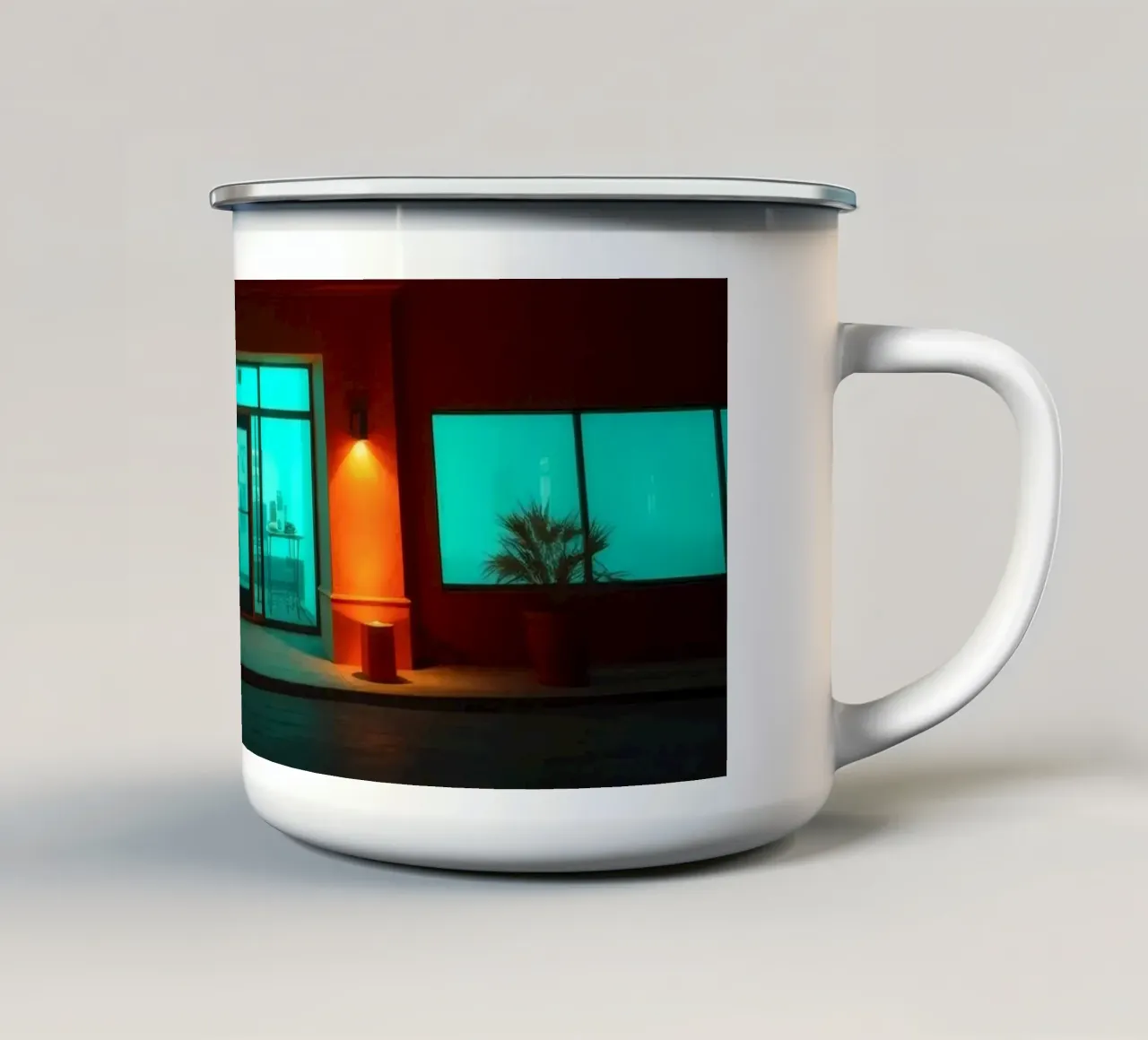 Brightly illuminated building with blue-green windows enamel mug by DesignDoodle