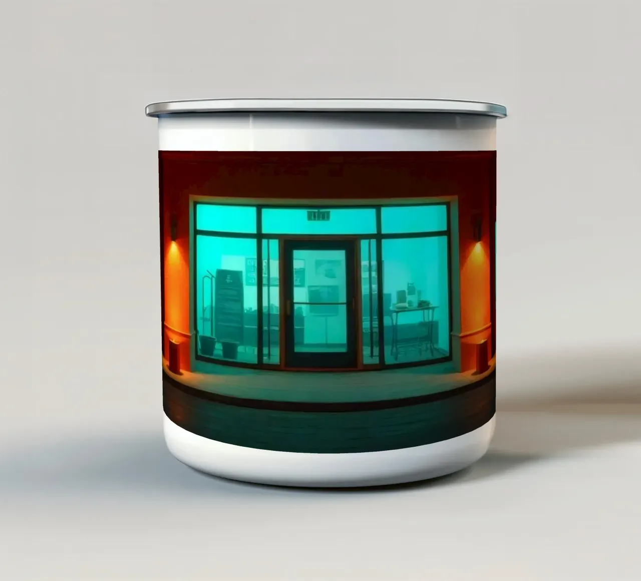 Brightly illuminated building with blue-green windows enamel mug by DesignDoodle