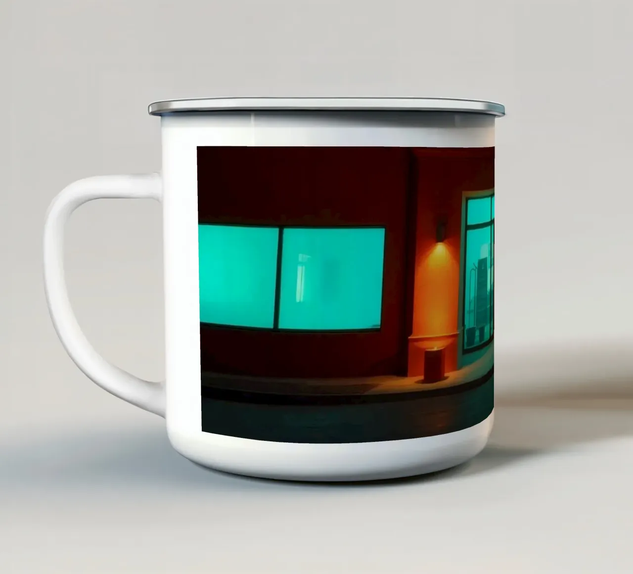 Brightly illuminated building with blue-green windows enamel mug by DesignDoodle