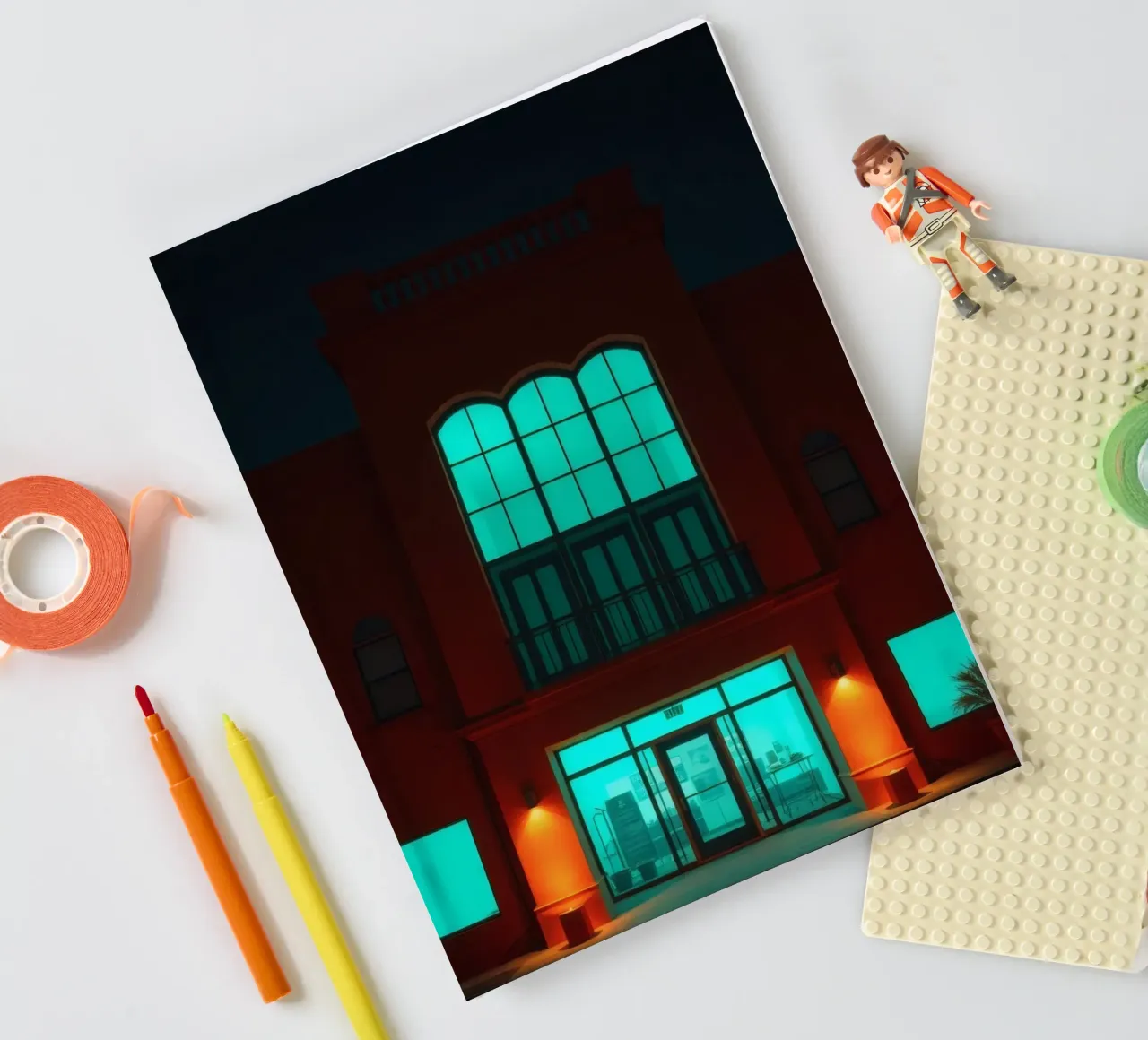 Brightly illuminated building with blue-green windows notebook by DesignDoodle