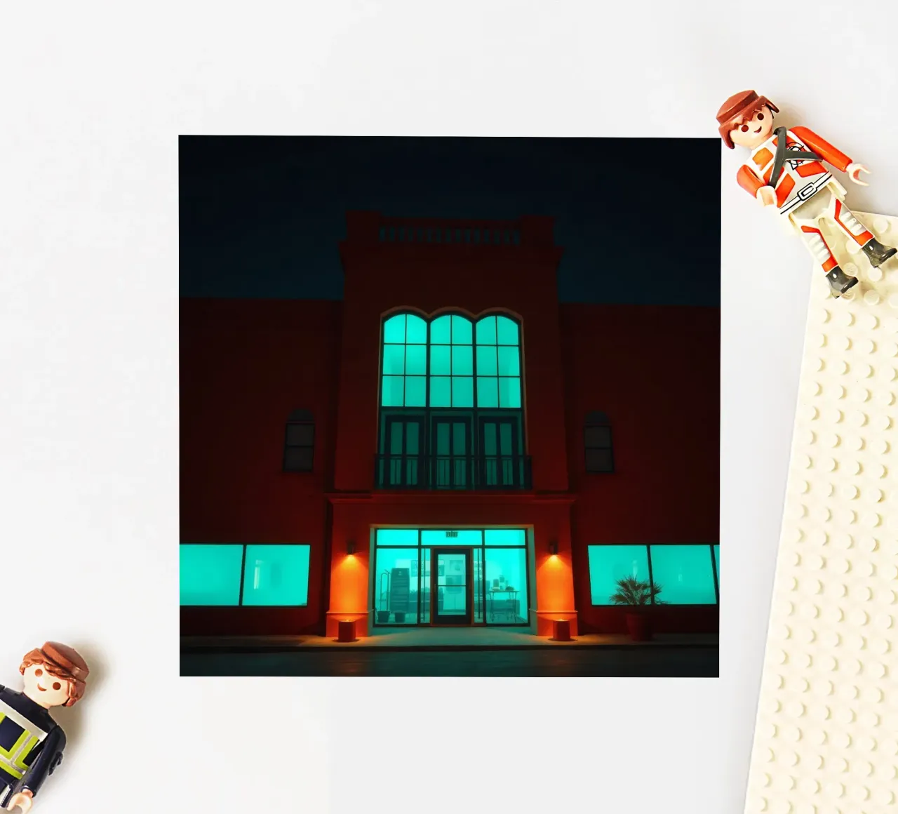 Hell beleuchtetes Gebäude mit blau-grünen Fenstern Sticker von DesignDoodle