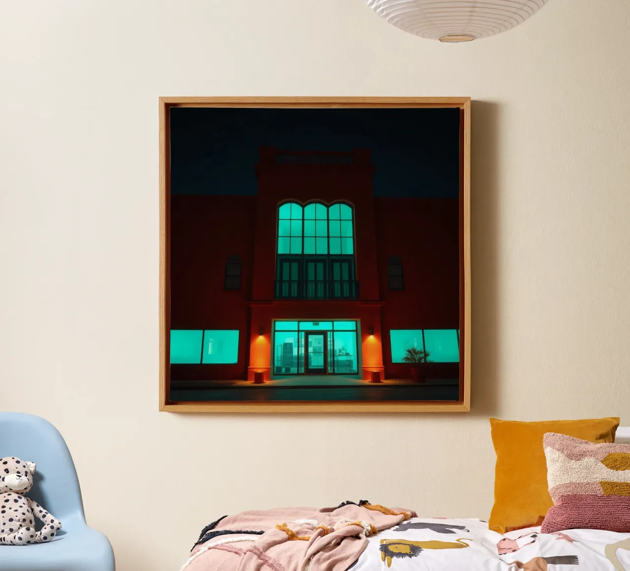 Brightly illuminated building with blue-green windows canvas by DesignDoodle