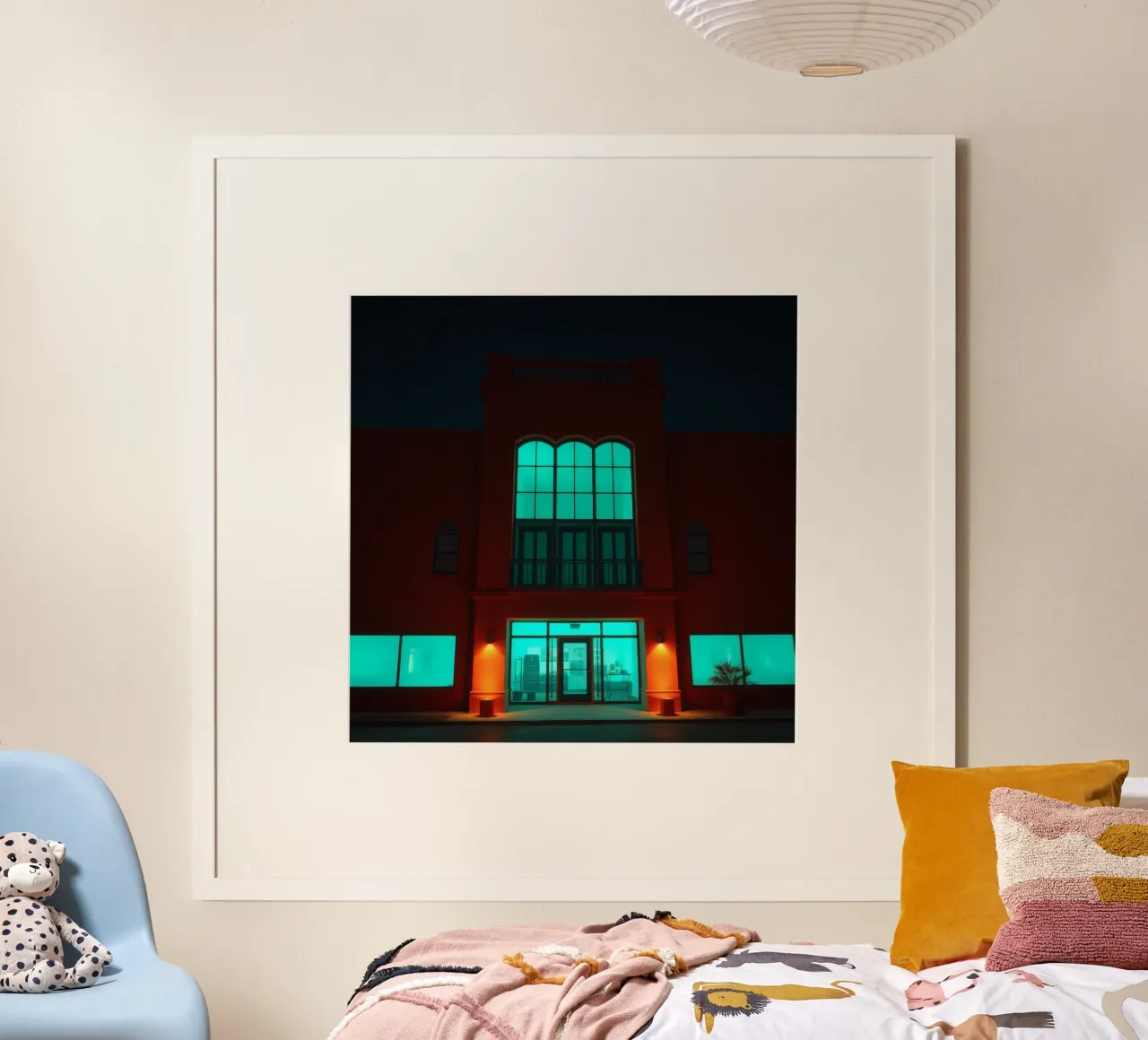 Brightly illuminated building with blue-green windows hahnemühle by DesignDoodle
