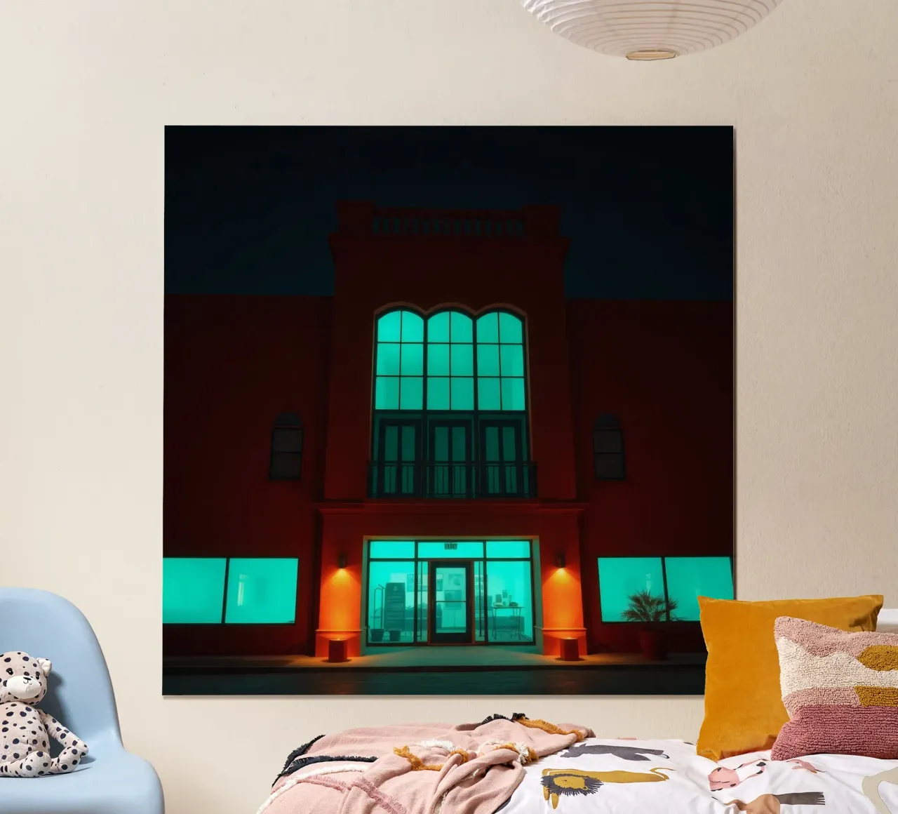 Brightly illuminated building with blue-green windows hahnemühle by DesignDoodle