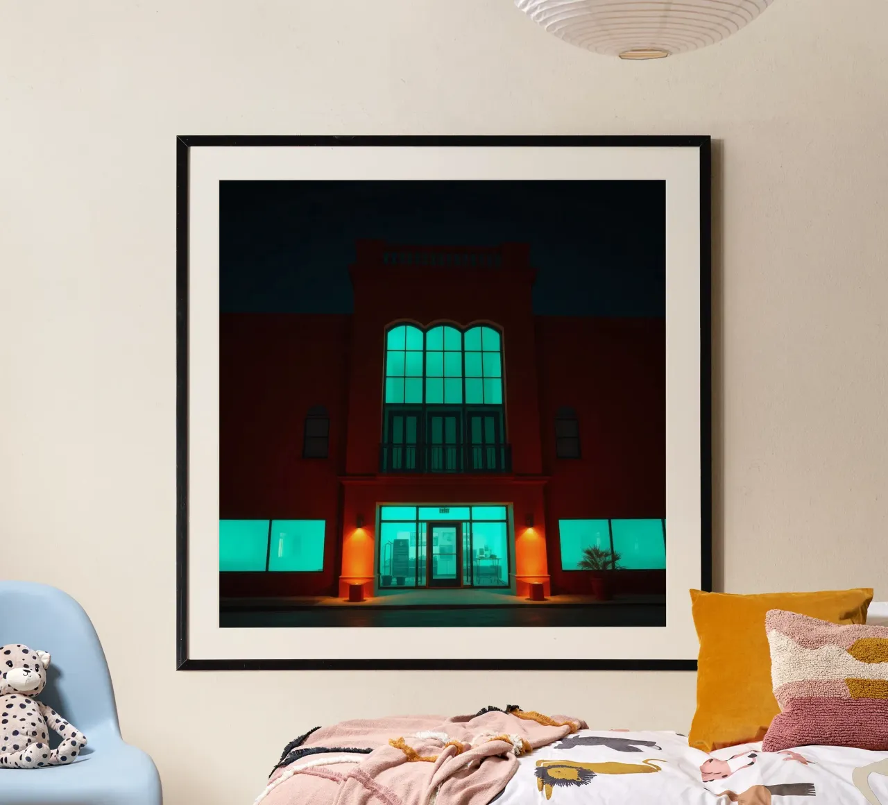 Brightly illuminated building with blue-green windows hahnemühle by DesignDoodle