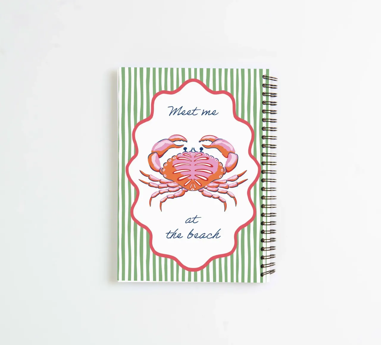 Meet me at the beach crab with border and stripes spiral notebook by Vivdesign