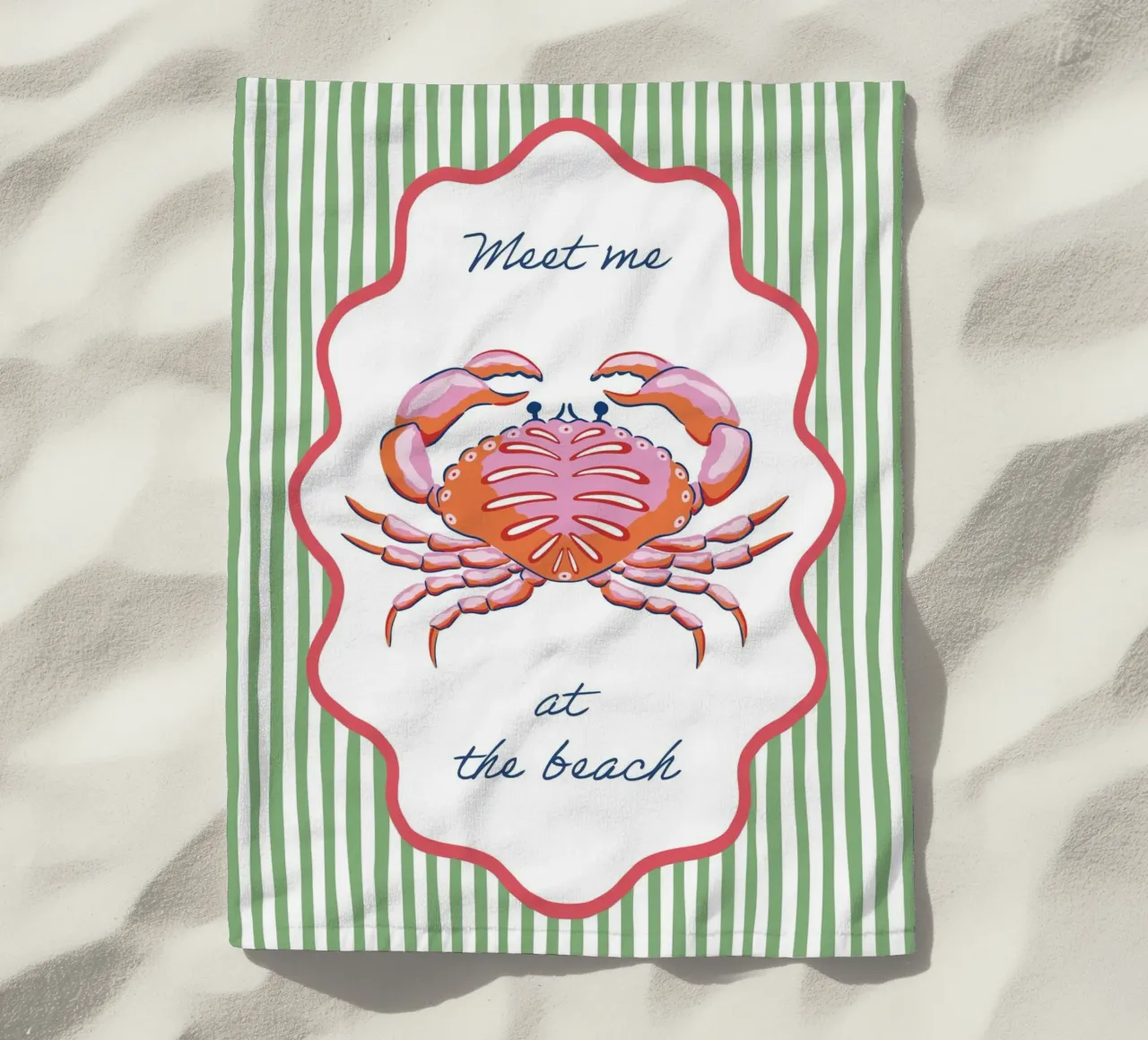 Meet me at the beach crab with border and stripes telo mare da Vivdesign