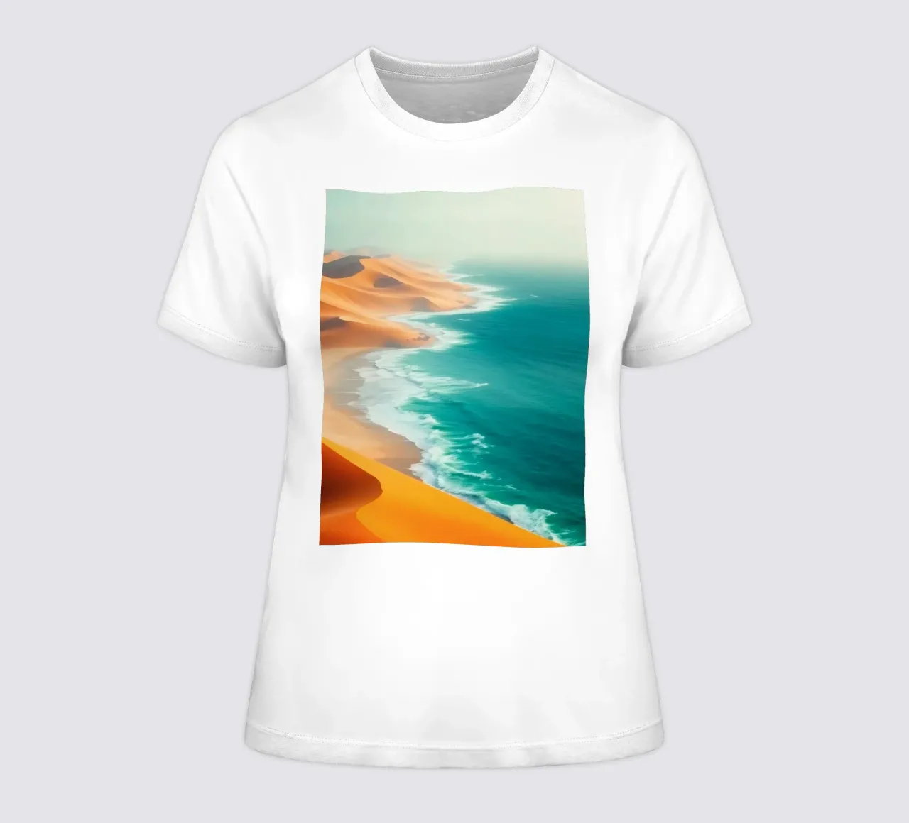 Desert sand dunes meet the ocean along a stunning shoreline women's fitted t-shirt by DesignDoodle