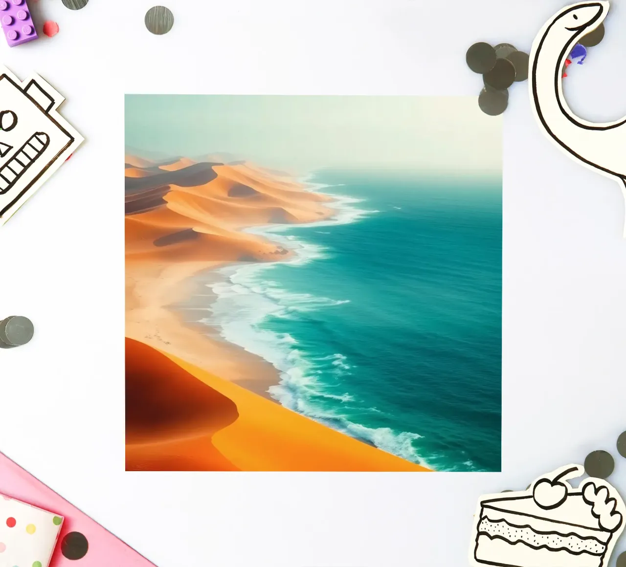 Desert sand dunes meet the ocean along a stunning shoreline sticker by DesignDoodle