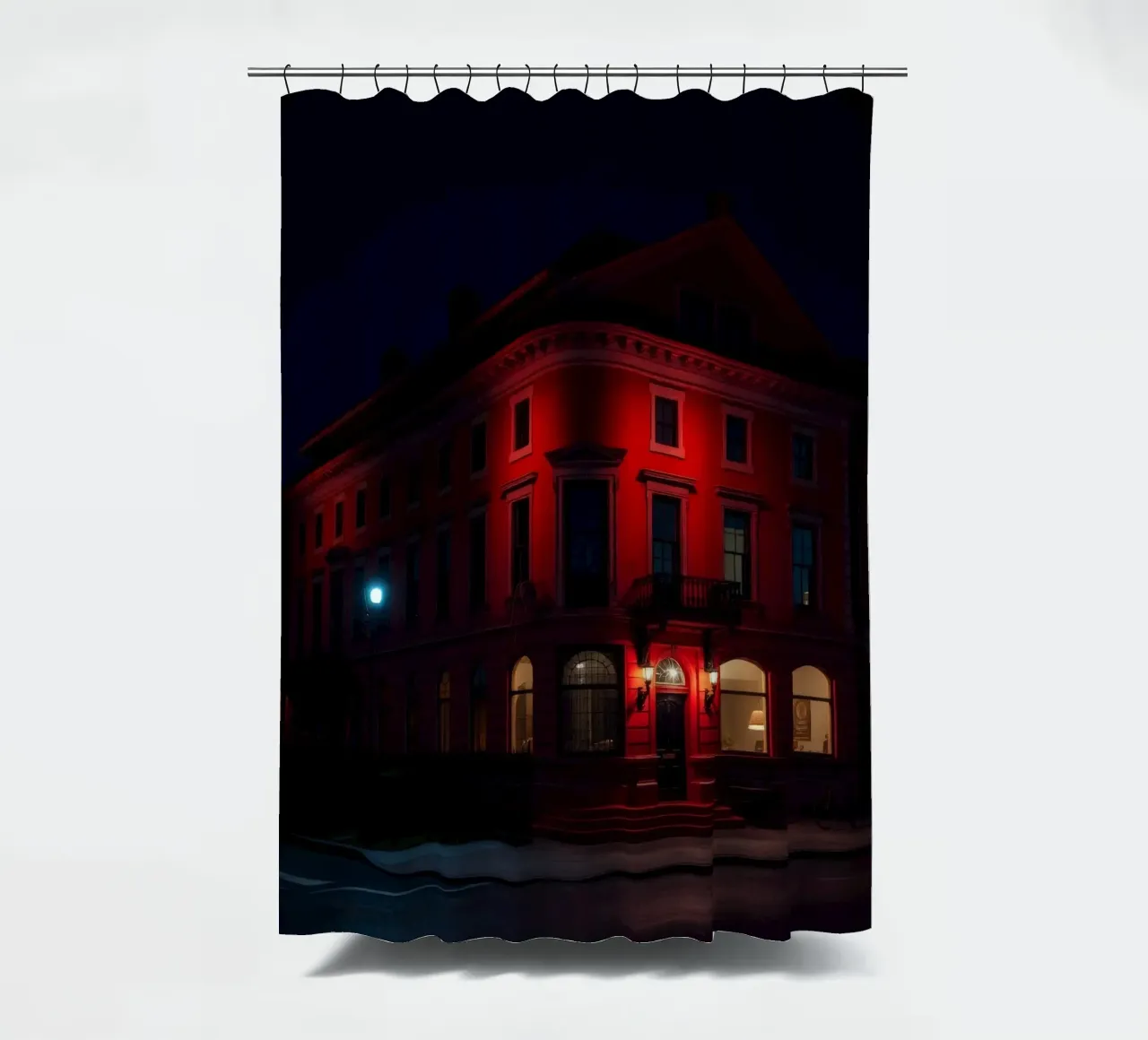 L'edificio storico illuminato di notte crea un'atmosfera suggestiva. tenda da doccia da DesignDoodle
