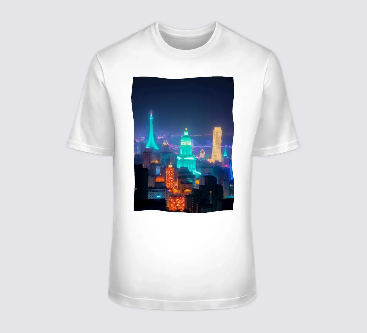 Lo skyline della città si illumina di notte e mette in mostra l'architettura moderna. t-shirt da DesignDoodle