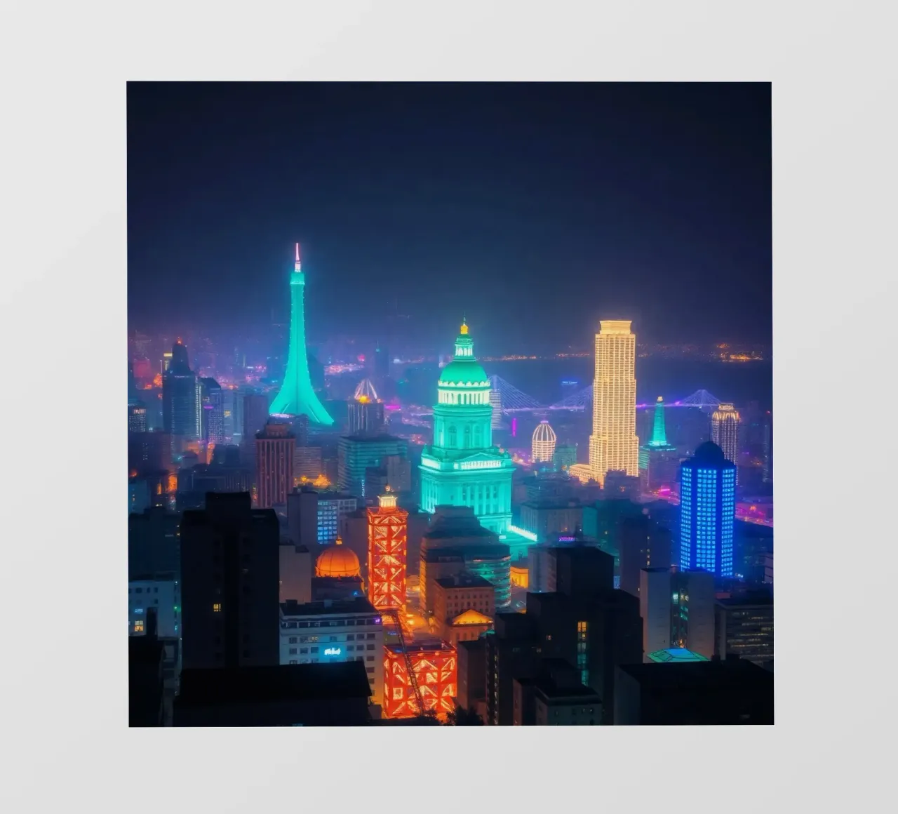 Lo skyline della città si illumina di notte e mette in mostra l'architettura moderna. pellicola backlit da DesignDoodle