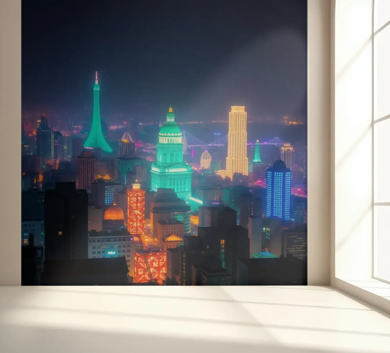 Lo skyline della città si illumina di notte e mette in mostra l'architettura moderna. carta da parati fotografica da DesignDoodle