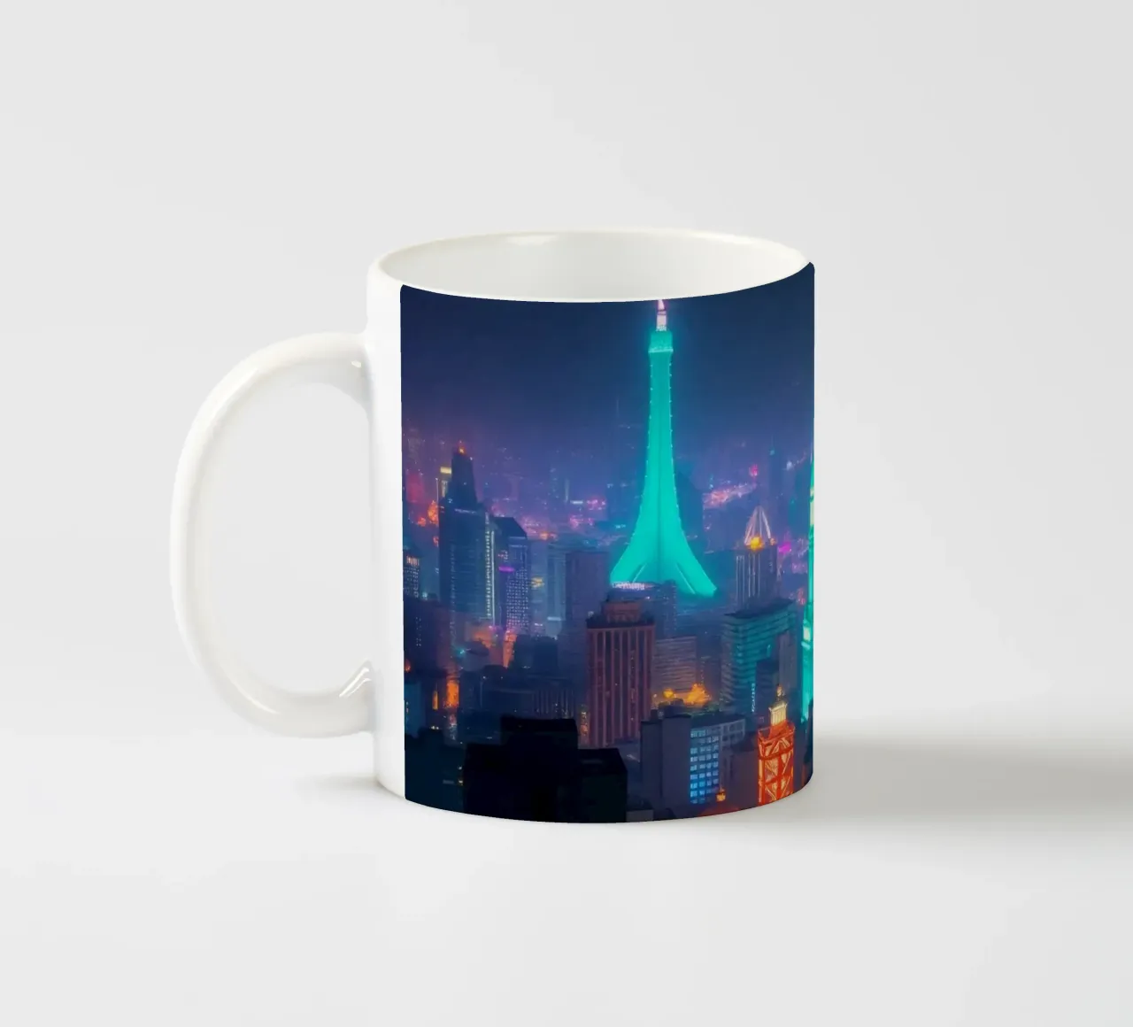 Lo skyline della città si illumina di notte e mette in mostra l'architettura moderna. tazza in ceramica da DesignDoodle