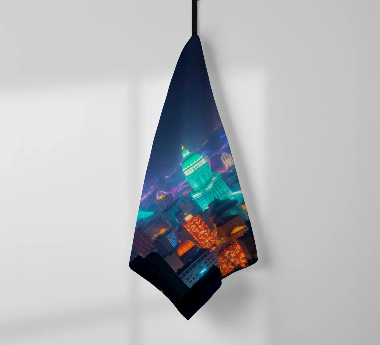 Lo skyline della città si illumina di notte e mette in mostra l'architettura moderna. canovaccio da cucina da DesignDoodle