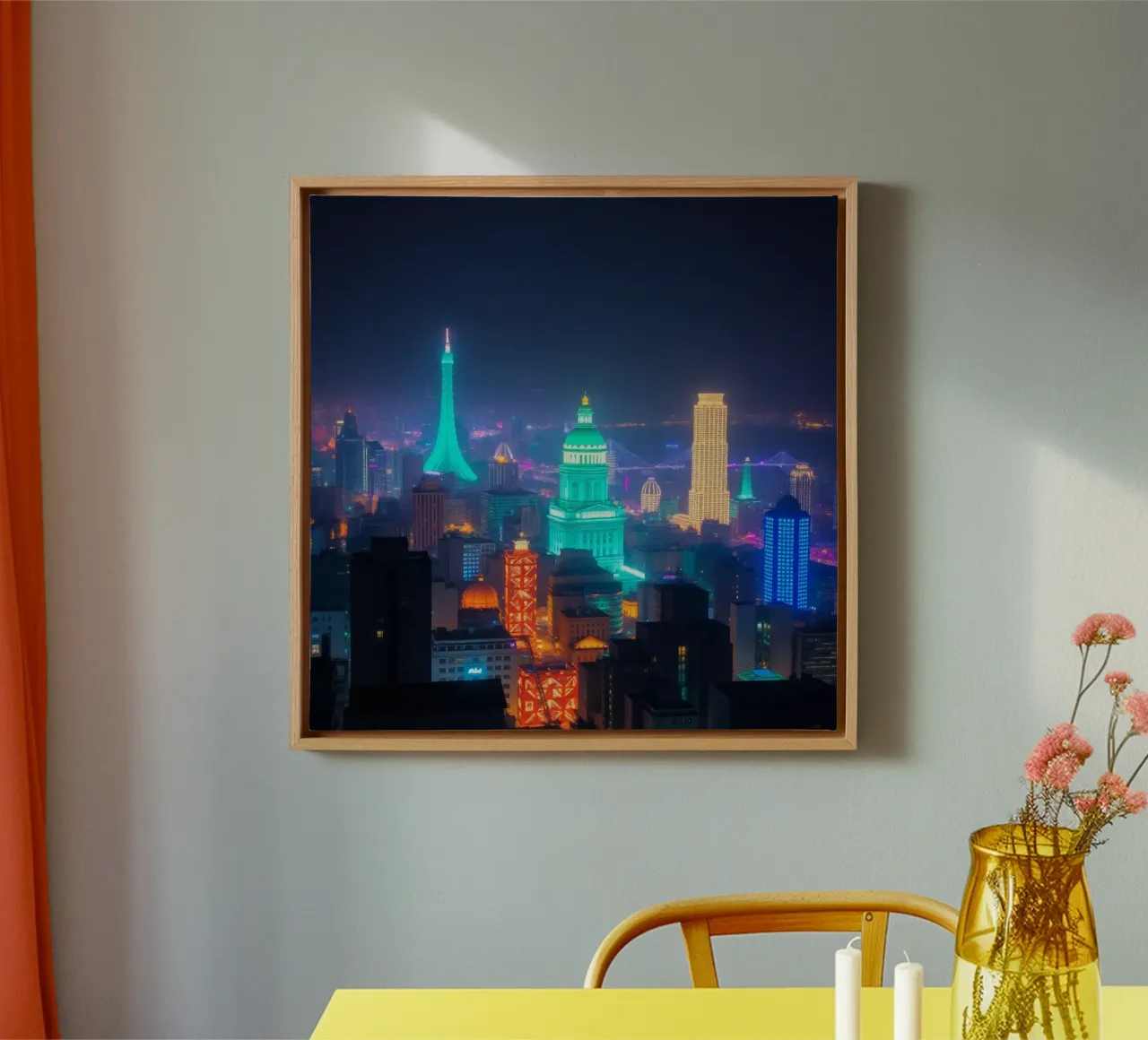 Lo skyline della città si illumina di notte e mette in mostra l'architettura moderna. tela con Cornice a cassetta da DesignDoodle
