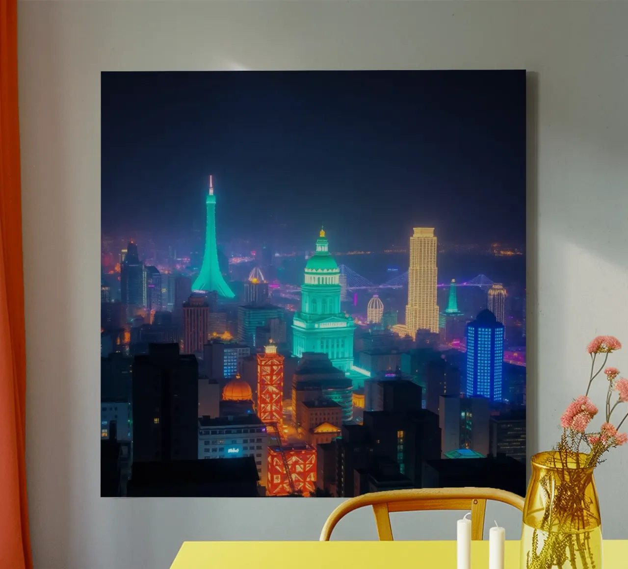 Lo skyline della città si illumina di notte e mette in mostra l'architettura moderna. tela con Cornice a cassetta da DesignDoodle