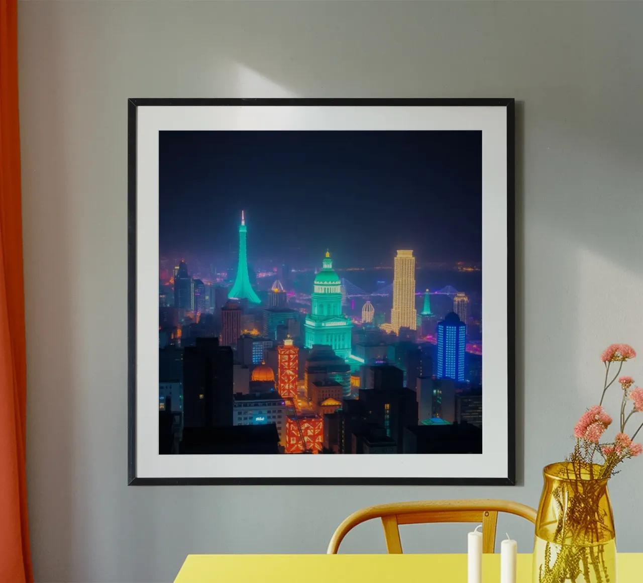 Lo skyline della città si illumina di notte e mette in mostra l'architettura moderna. poster con telaio in alluminio da DesignDoodle
