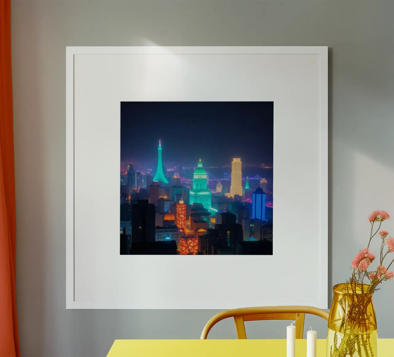 Lo skyline della città si illumina di notte e mette in mostra l'architettura moderna. poster con telaio in alluminio da DesignDoodle