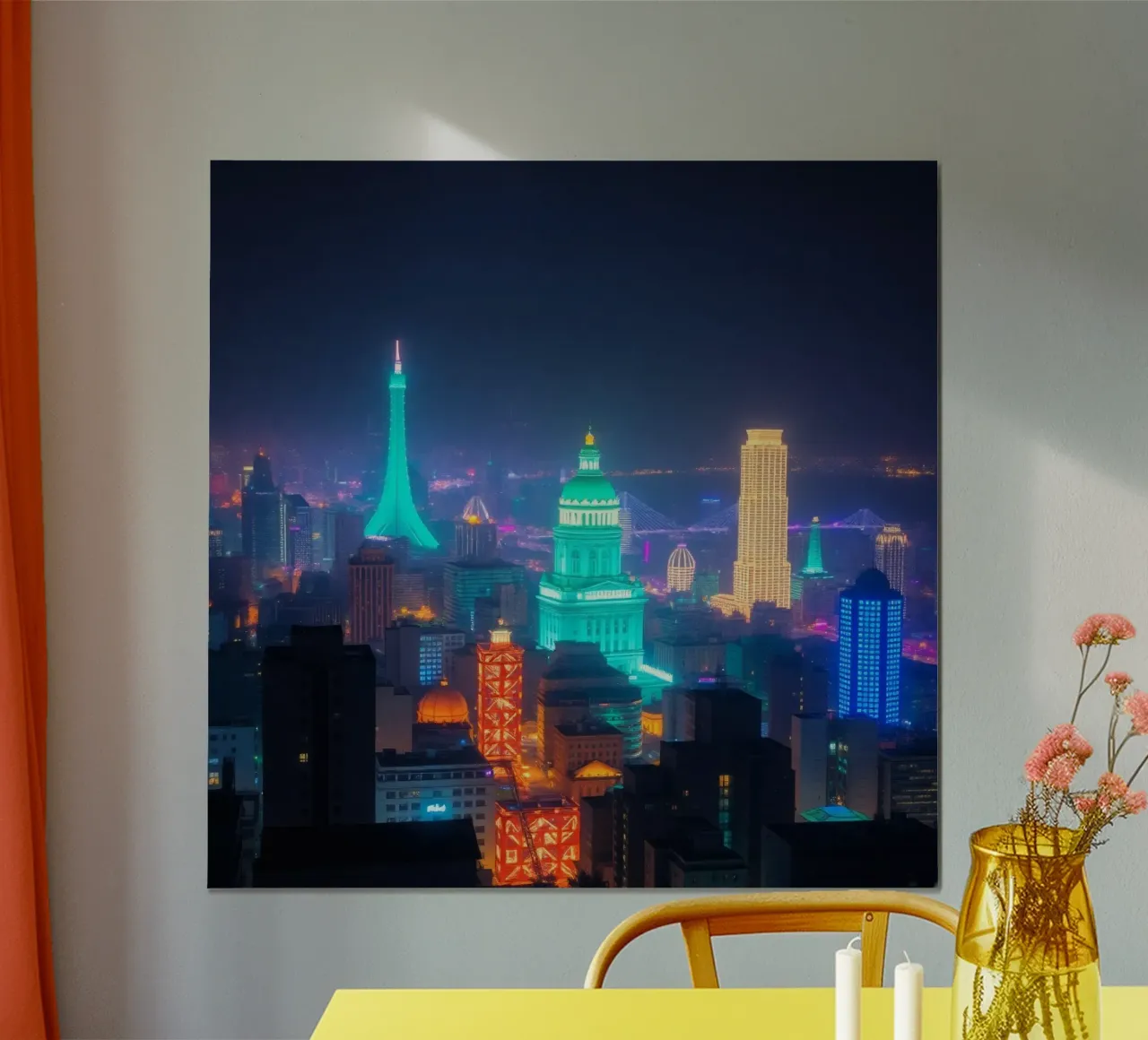 Lo skyline della città si illumina di notte e mette in mostra l'architettura moderna. poster con telaio in alluminio da DesignDoodle