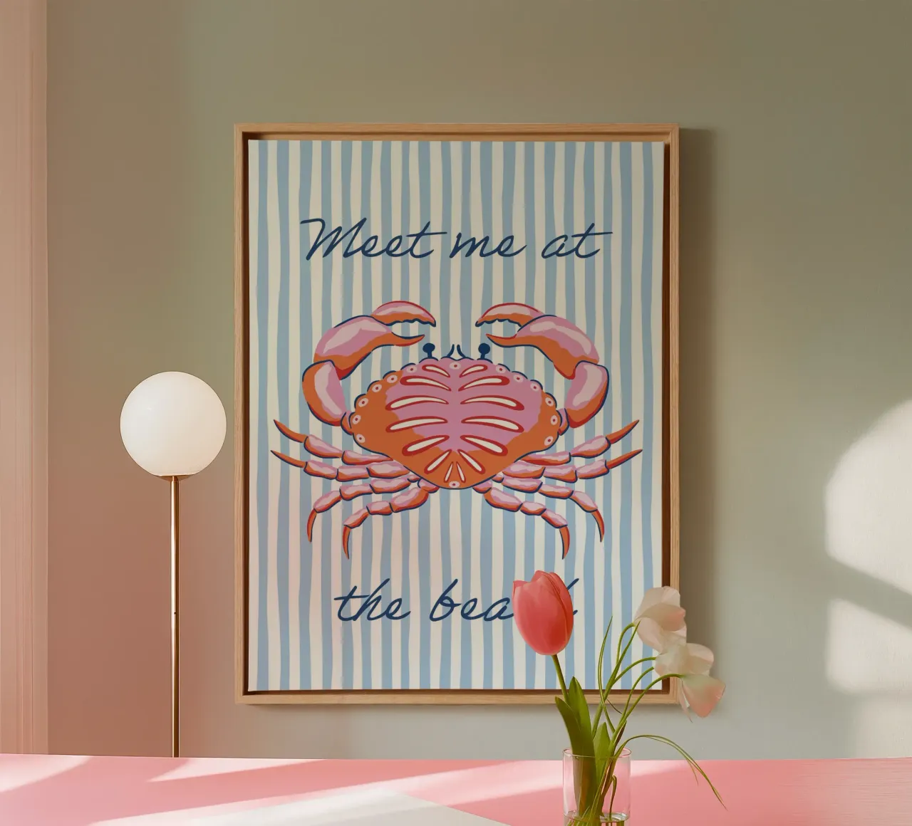 Meet me at the beach - red and pink crab tela con Cornice a cassetta da Vivdesign