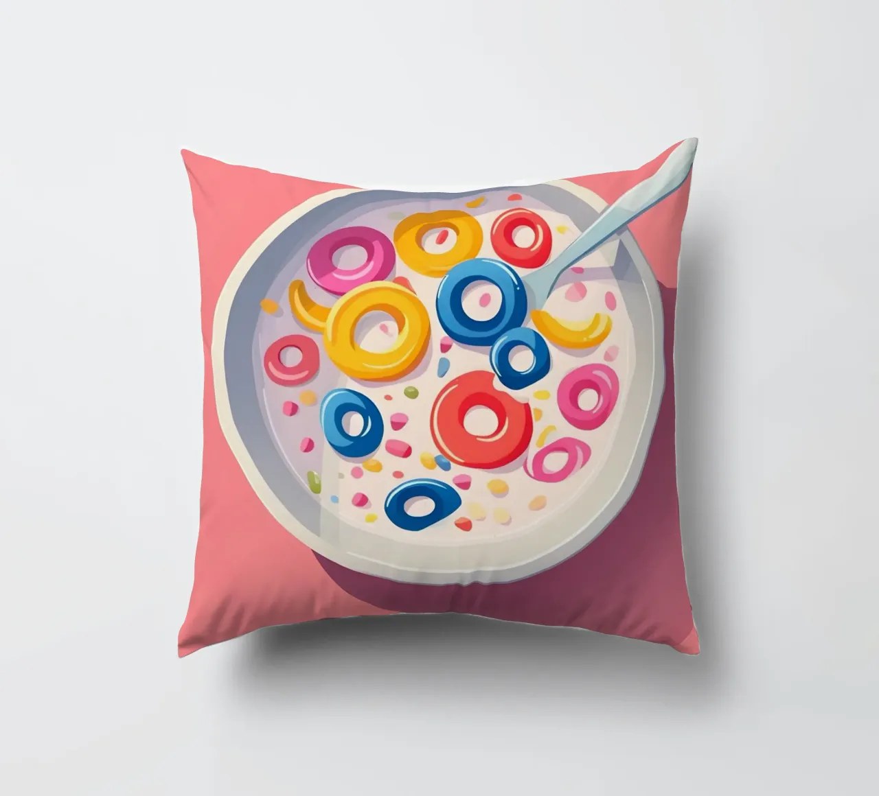 Cereali fruttati, cartone animato retrò per la colazione, stampa pop art cuscino da NorwesClub