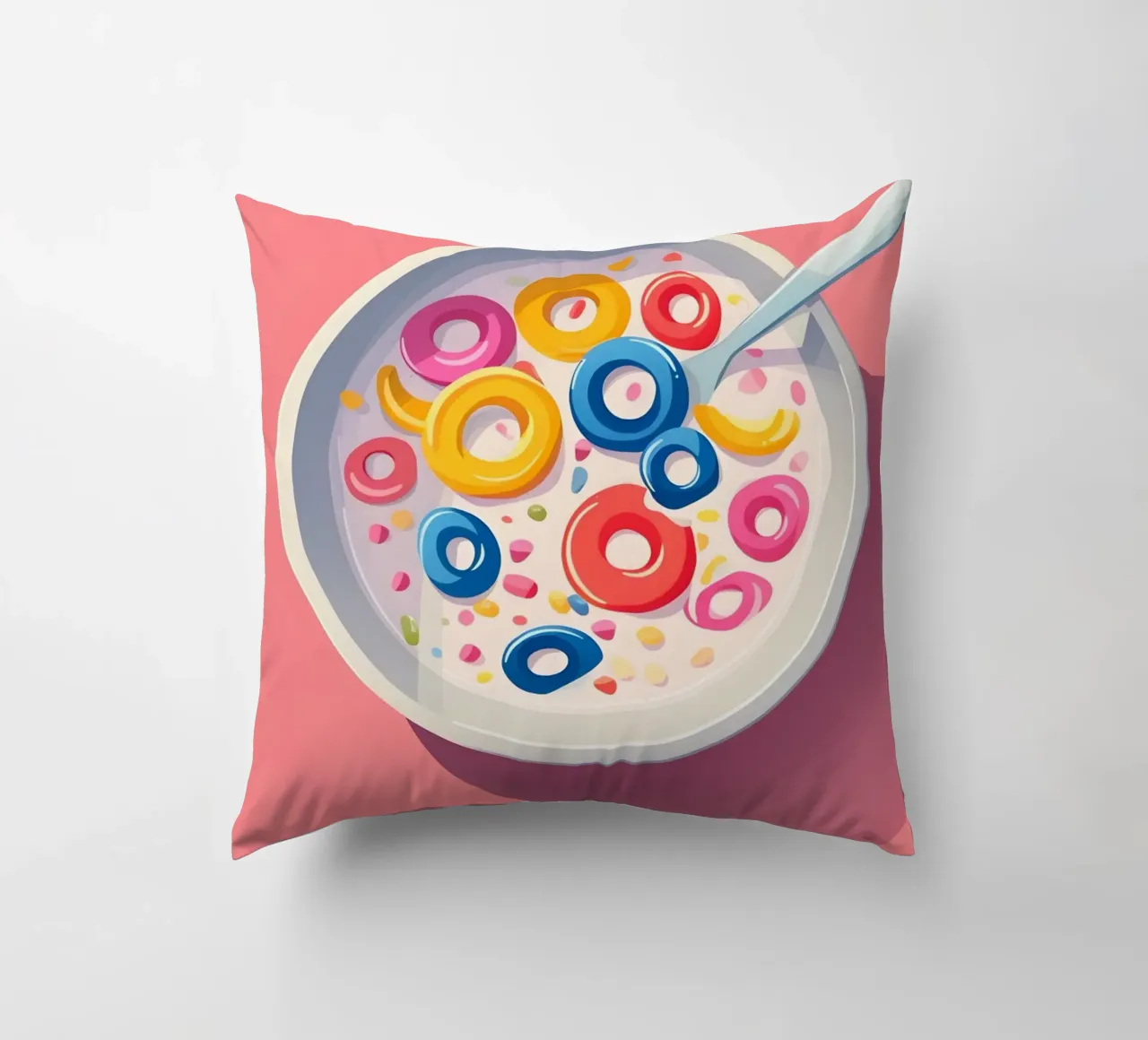 Cereali fruttati, cartone animato retrò per la colazione, stampa pop art cuscino da NorwesClub