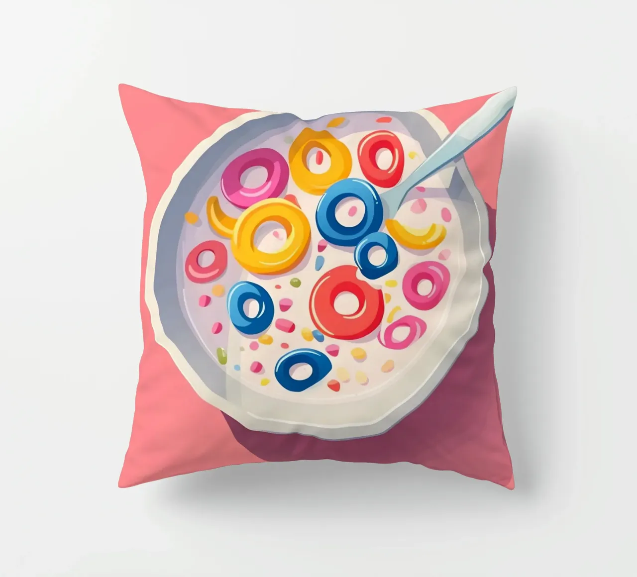 Cereali fruttati, cartone animato retrò per la colazione, stampa pop art cuscino da NorwesClub