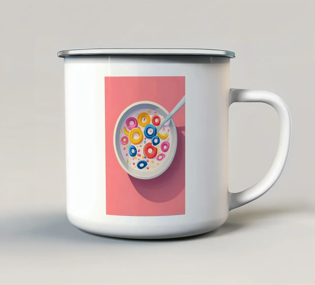 Cereali fruttati, cartone animato retrò per la colazione, stampa pop art tazza in smalto da NorwesClub